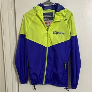 Superdry Blue and Neon Yellow/Green Windbreaker size Large